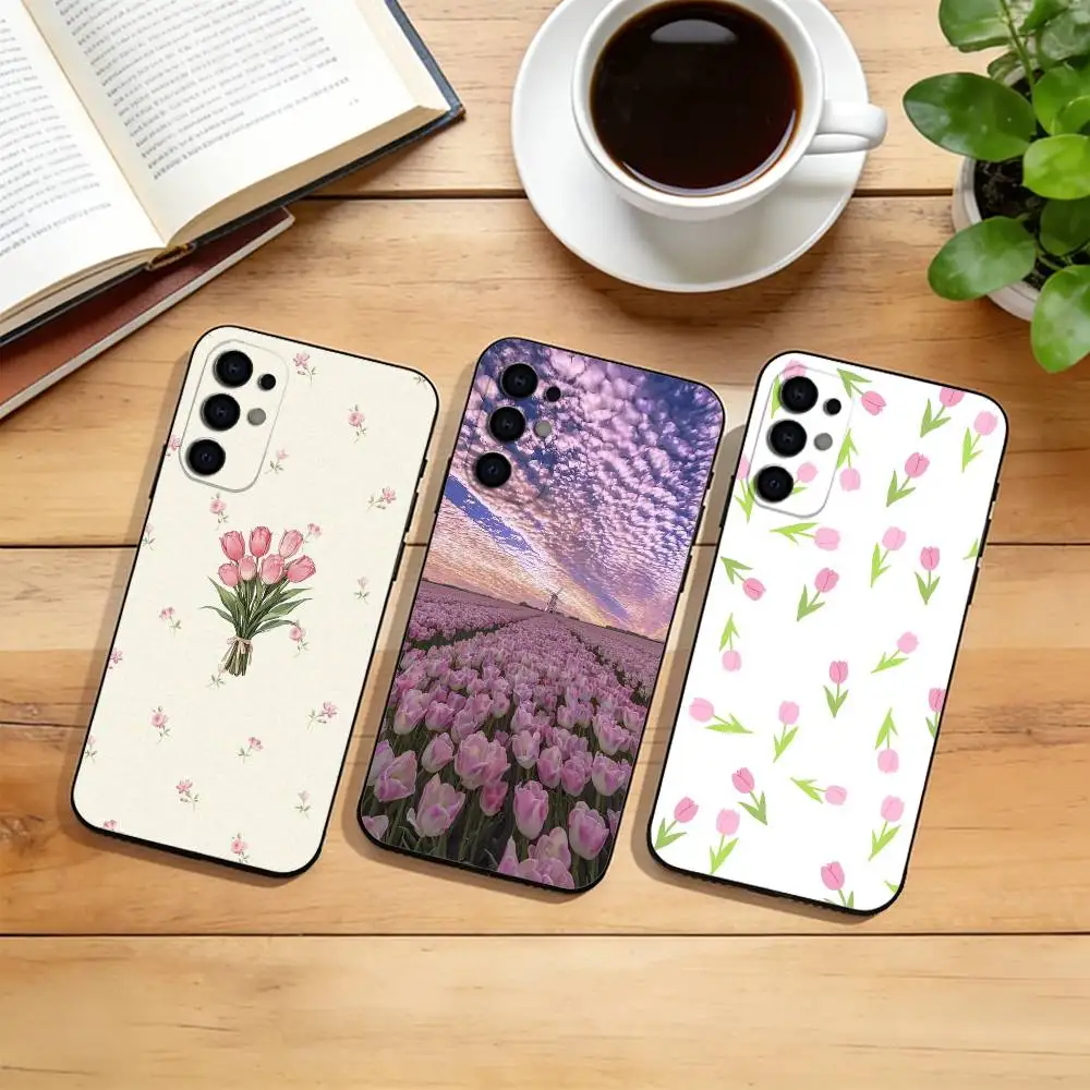 Vintage Pink Tulip Bouquet  Phone Case Black Silicone Soft For Samsung S25,S24,S21,S22,S23,S30,Ultra,S20,Plus,Fe,Lite