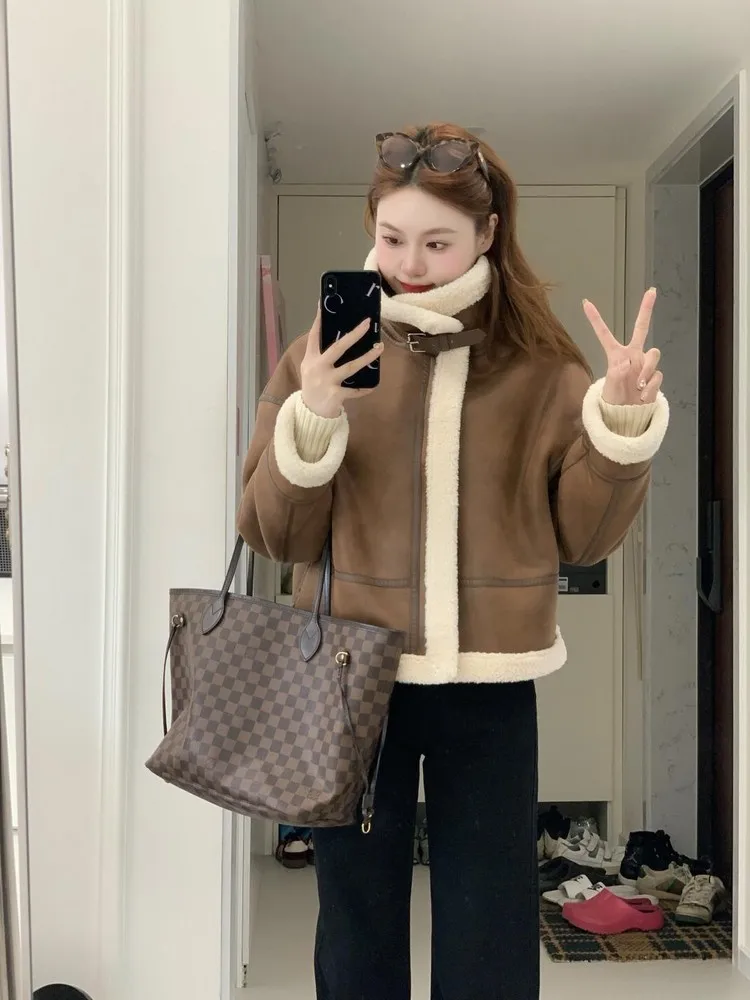 

Ретро-куртка из искусственного меха и кожи для женщин, свободного кроя, теплая, имитация овечьей шерсти, зимняя верхняя одежда, однотонная, для повседневной носки