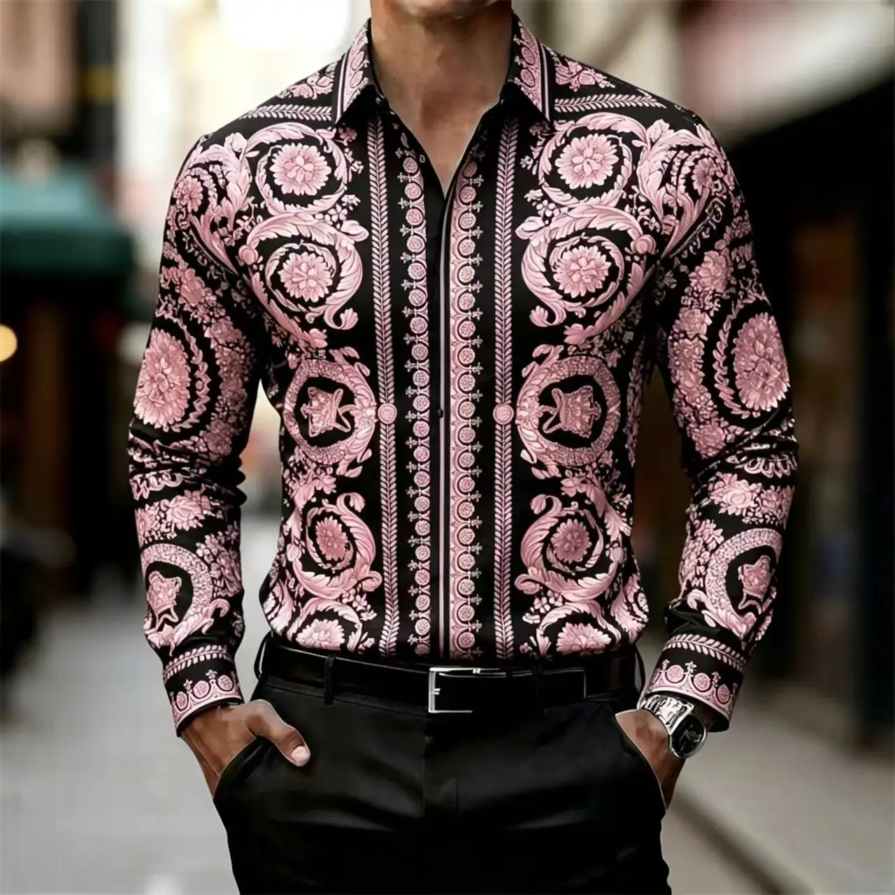 Men's luxury Baroque style gold patterned long sleeved shirt, fashionable thin palace high-definition 3D printing, big promotion