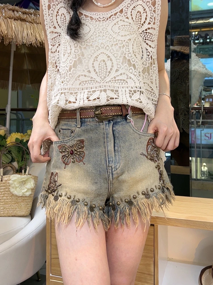 

Embroidered Denim Shorts Women Summer Stylish Shorts Straight Wide Leg Rivet Vintage Belt Short Jeans Fashion Booty Shorts Sexy