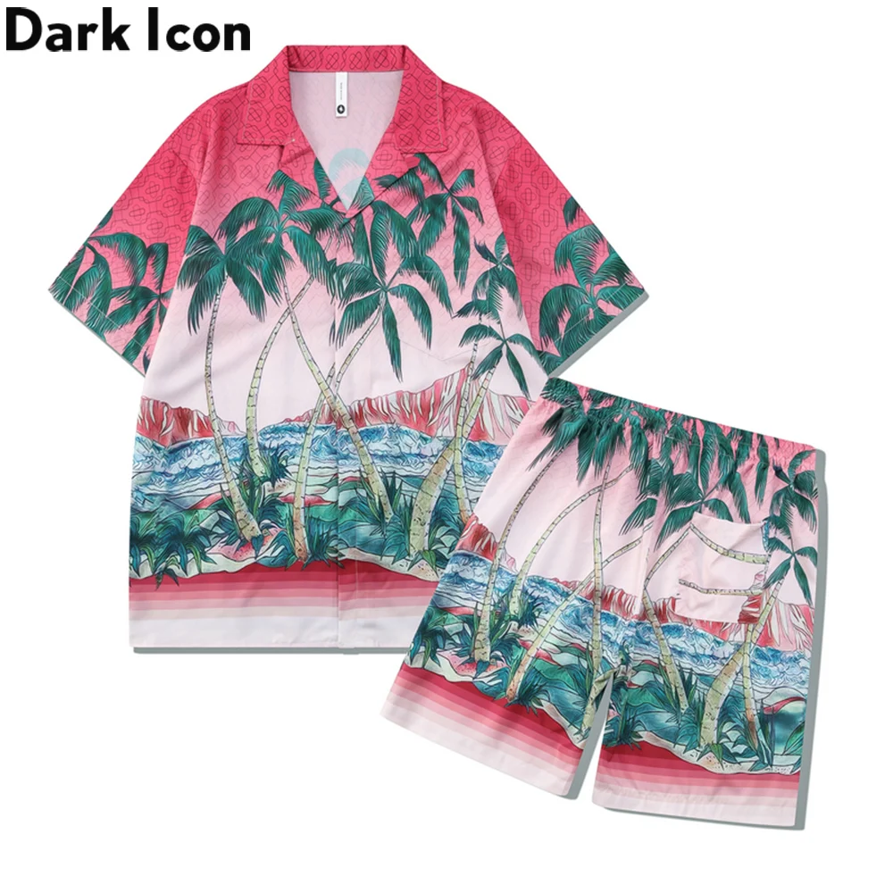 

Dark Icon Holiday Beach Men Women Set Summer Cuba Collar Vintage Men's Shirts Elastic Waist Shorts