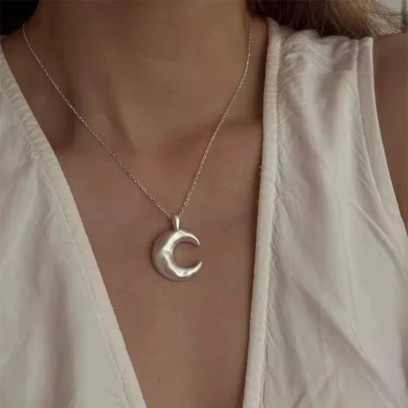 Foxanry Minimalist Scrub Moon Pendant Necklaces For Women Girls Fashion Creative Elegant Sweet Cute Anniversary Jewelry Gifts