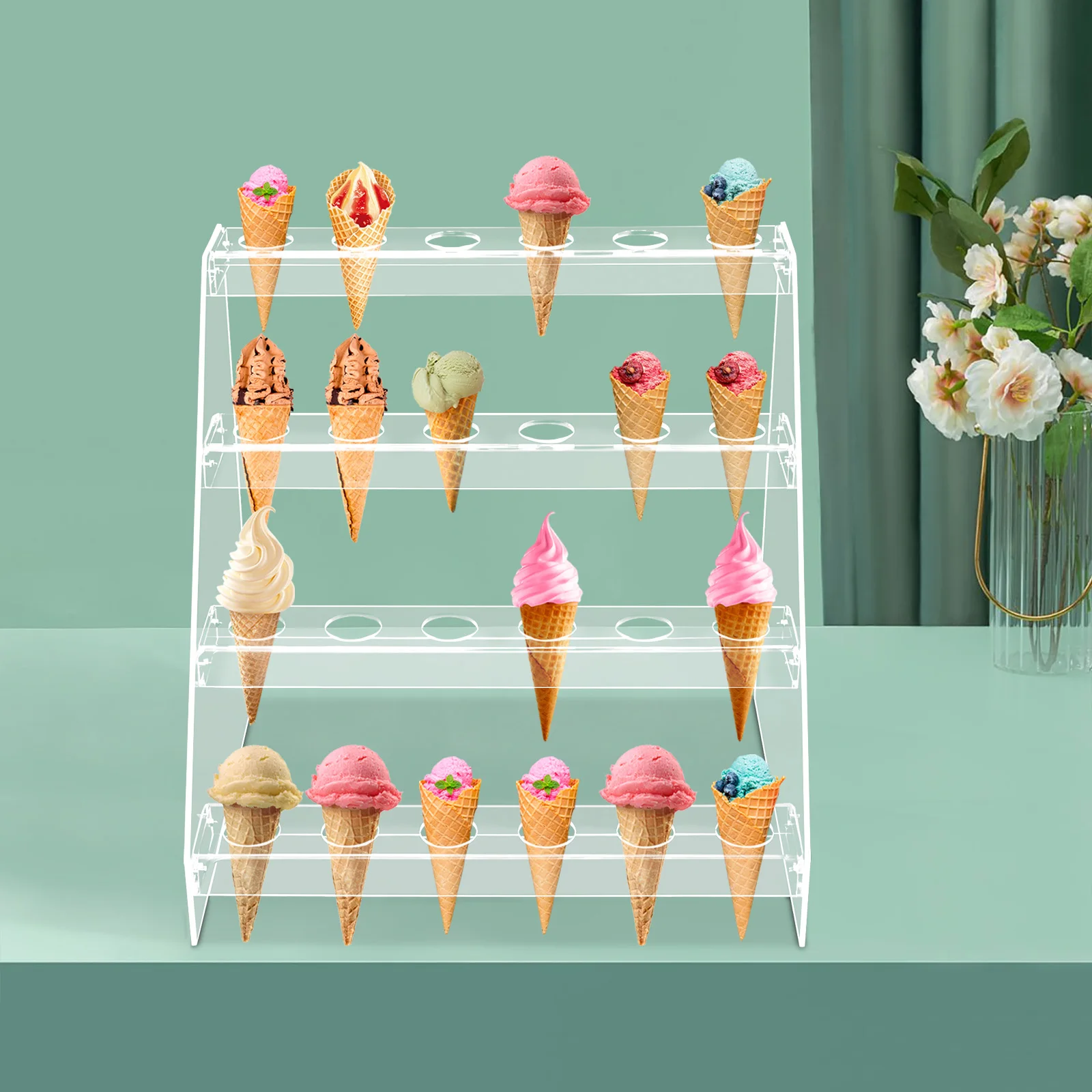 24 Holes Ice Cream Cone Serving Holder Clear Acrylic Food Cone Display Stand Rack