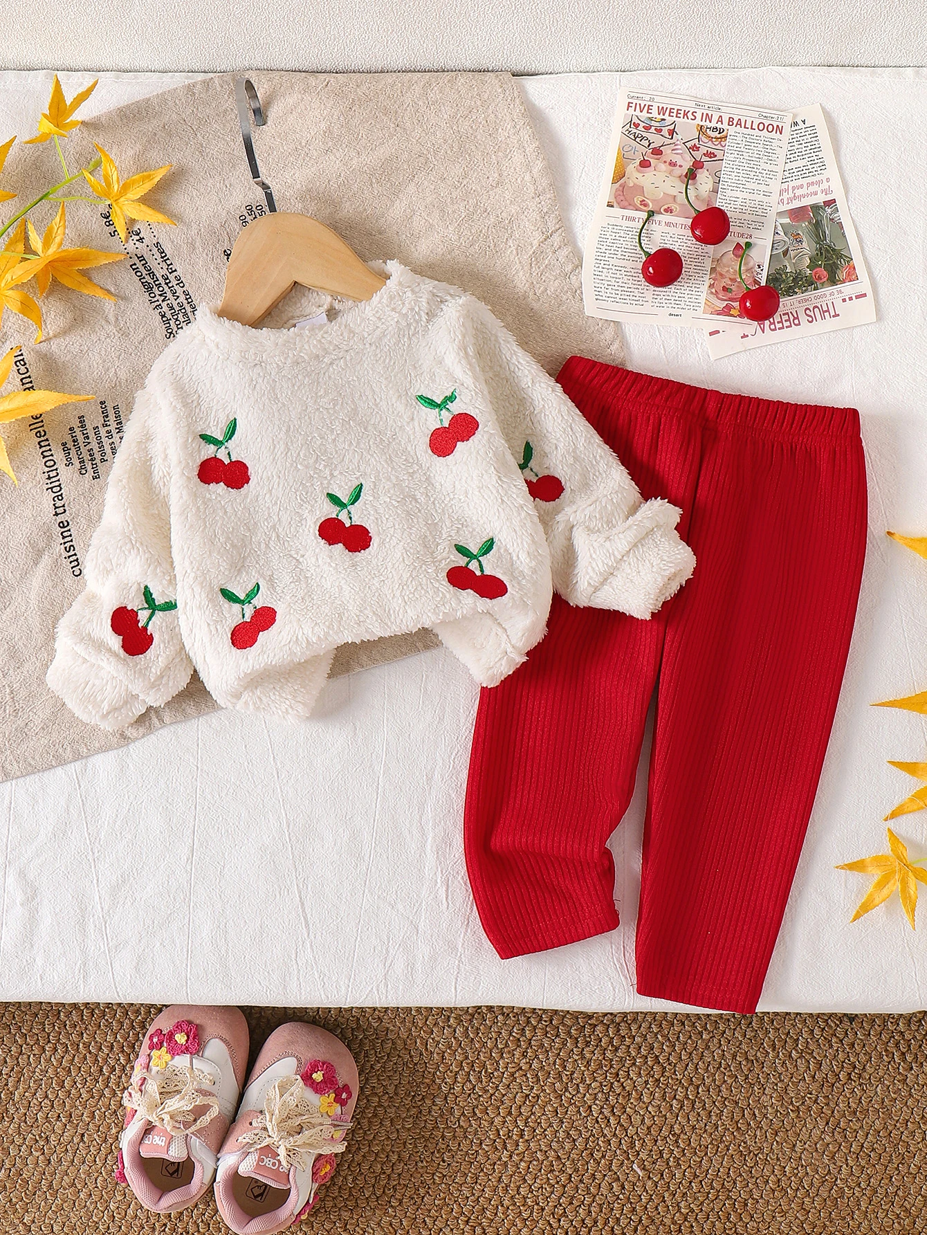 Cross-border Winter New Girls Comfortable Cute Cherry Pattern White Long Sleeve Sweater + Red Trousers