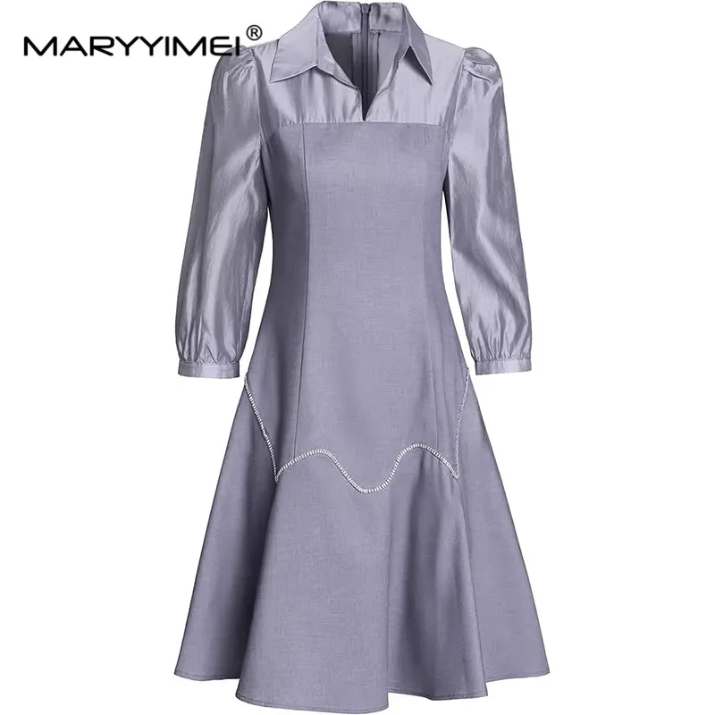 

MARYYIMEI Fashion design Women's Dress Half open collar Three Quarter Sleeve Beading Striped Pink/Light purple A-Line Dresses