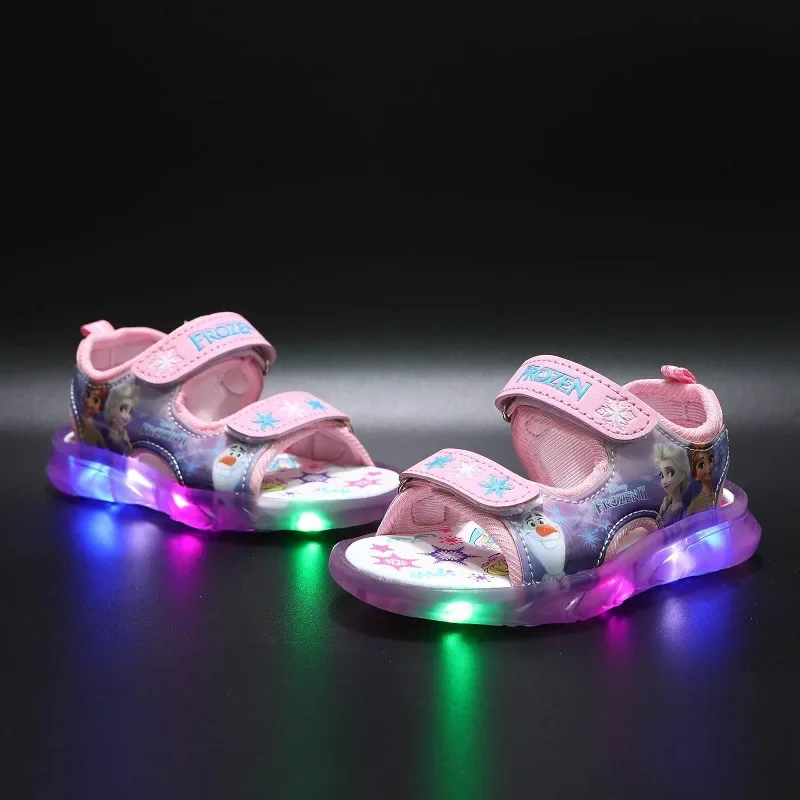 Disney Summer Children\'s Sandals Frozen Priness Elsa Anna Children\'s Sandals LED Light Beach Pink Purple Shoes Size 21-31