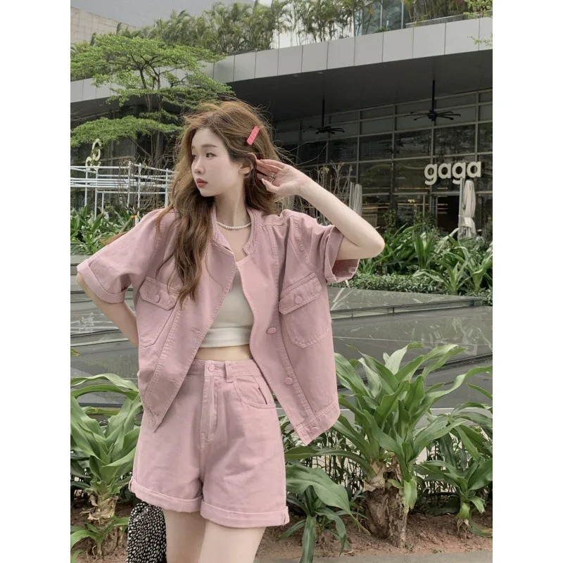 

Design Sense Pink Loose Short-sleeved Denim Jacket Wide-leg Shorts 2-piece Set Female Summer 2024 New Retro Fashion Women Suit