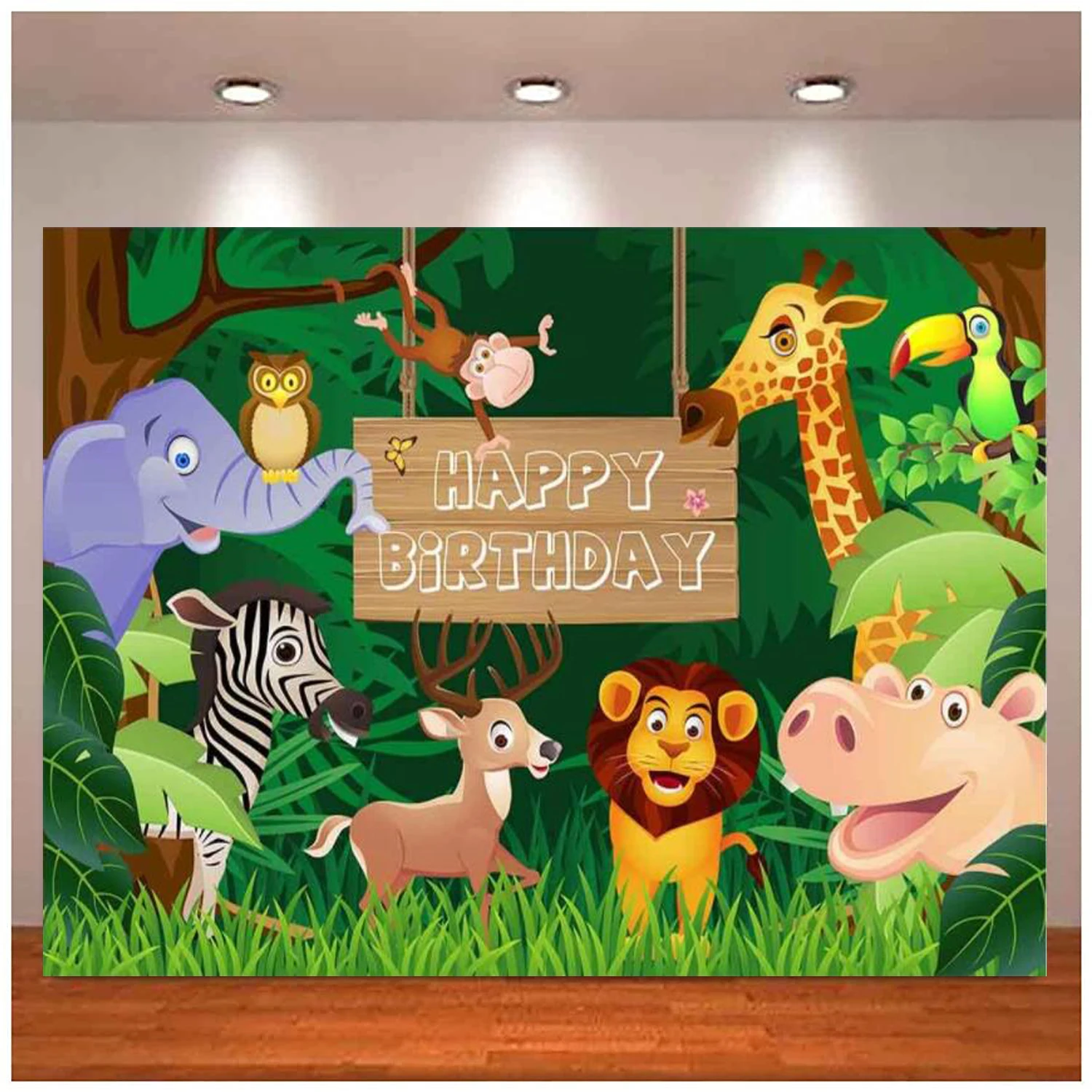 

Jungle Animals Birthday Party Banner Photography Backdrop Cartoon Forest Baby Shower 1st First Decoration Cake Smash Background