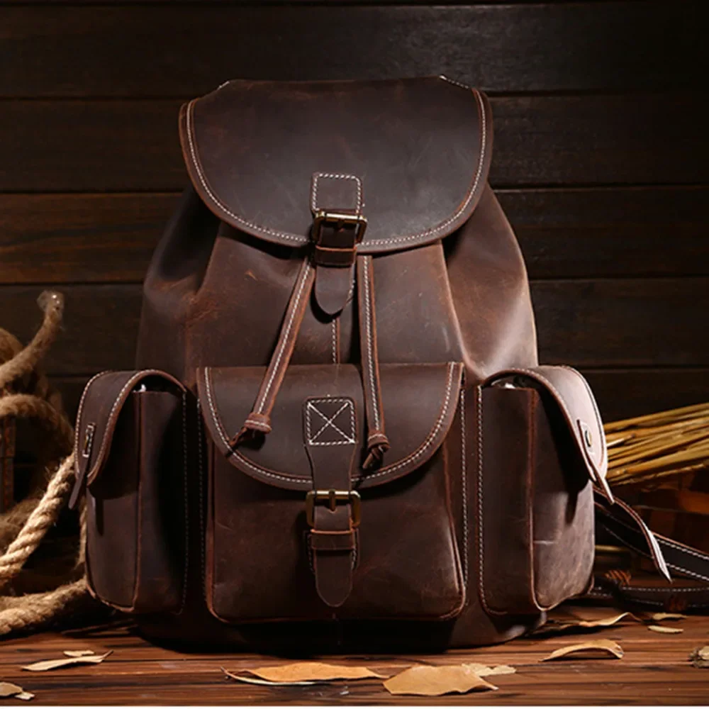 

Top Quality Crazy Horse Cowhide First Layer Knapsack Male Computer Bag School Bags Vintage Genuine Leather Rucksack Men Backpack