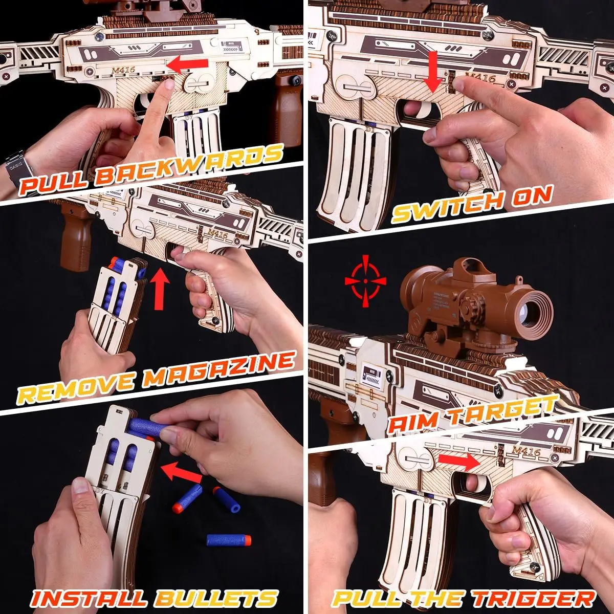 VATOS 3D Wooden Gun Puzzles for Kids Adult with Foam Soft Bullet Electric Wooden M416 Model Rifle Guns Toy DIY Building Gift Boy