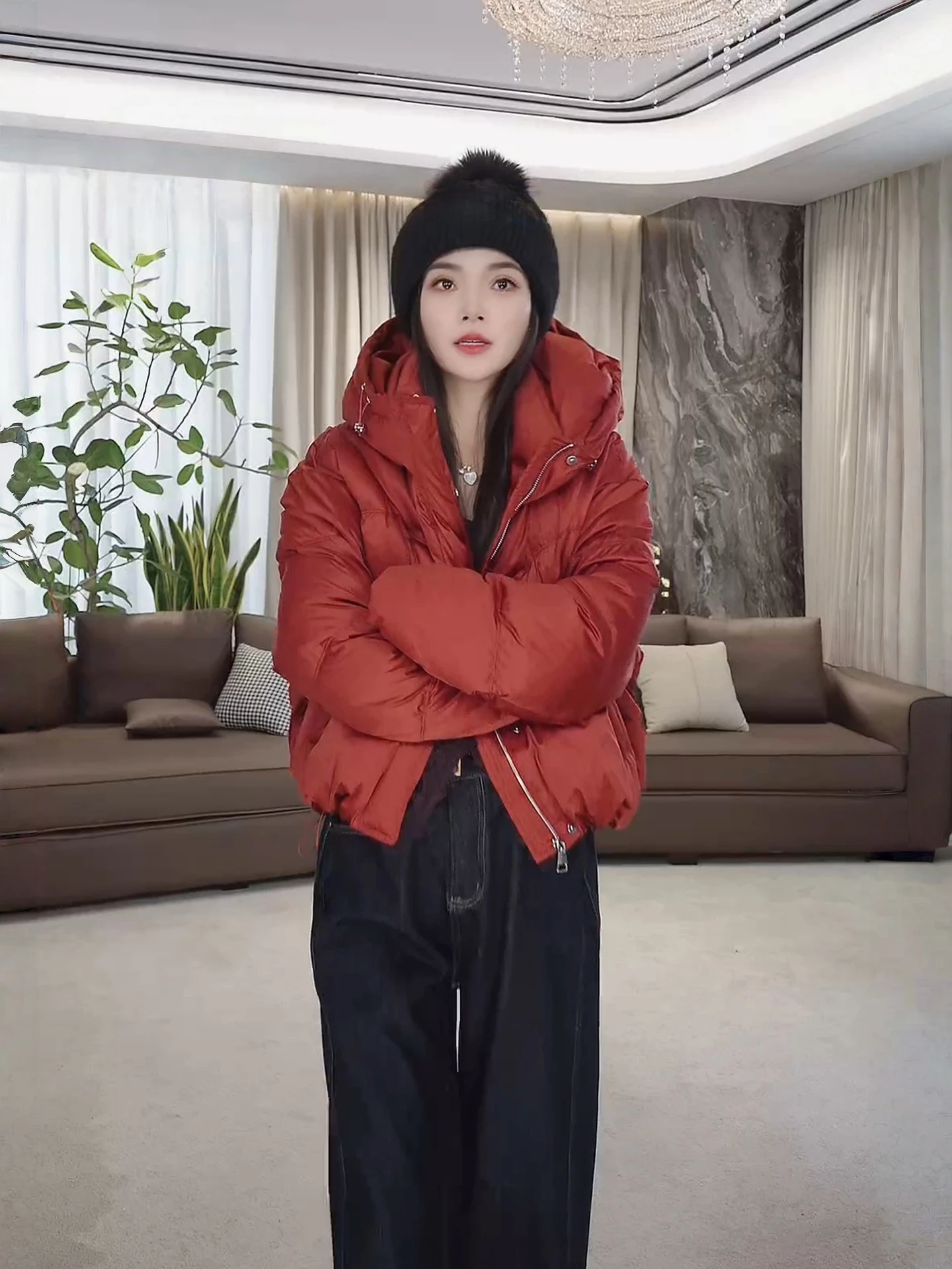 

Red Hooded down Jaet Women's Faionable Warmth Outerwear High-End Versatile LA.eila Winter New Sle Casual Sle Thiened