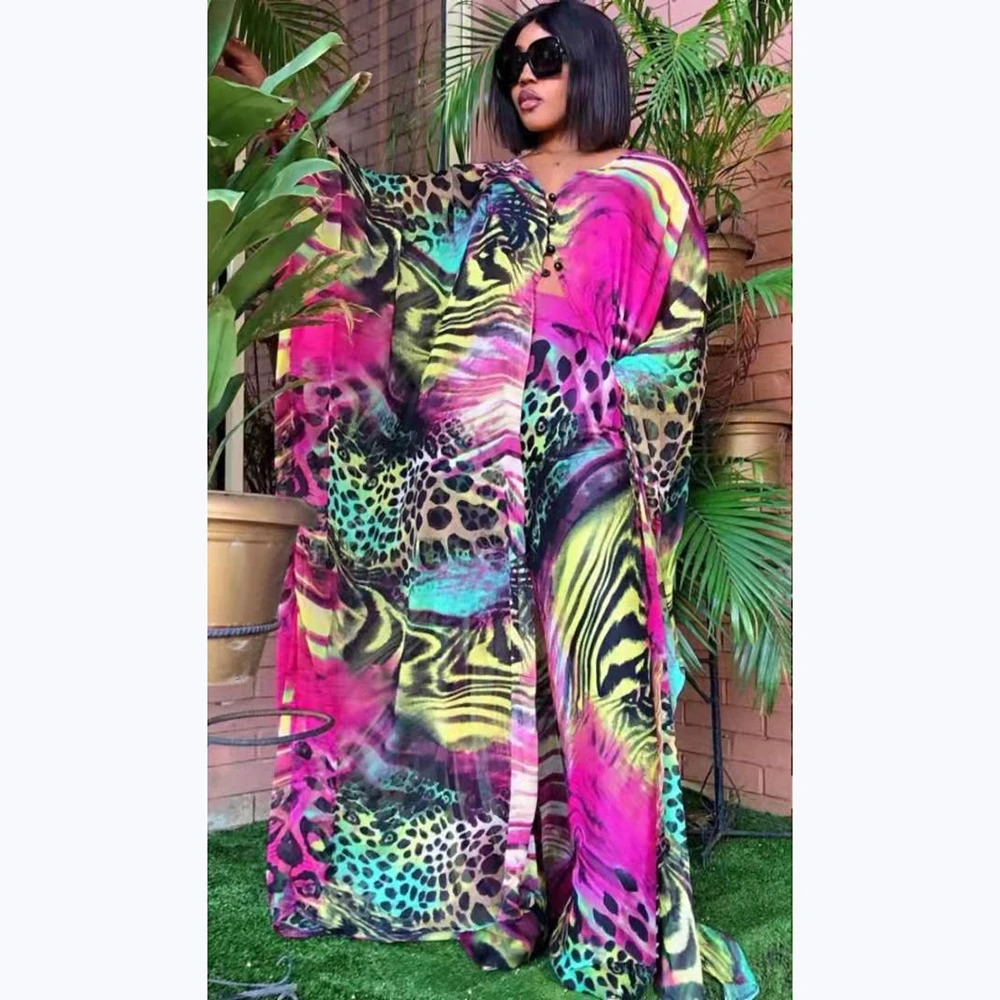 Two Piece Set African Colorful Print Bat Sleeve Dress and Pant Suits Party For Women Outfits 2022 Spring Autumn Matching Set