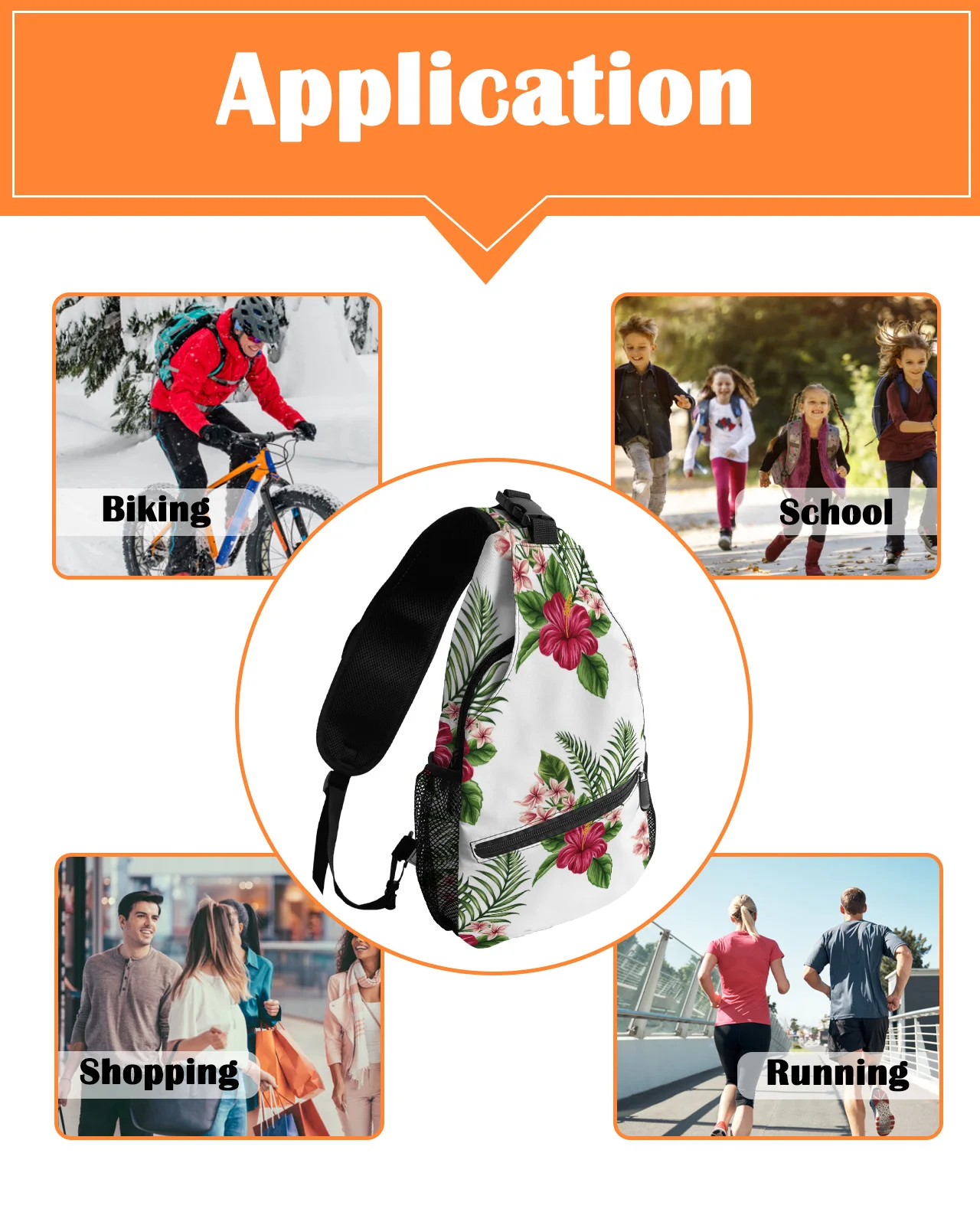 Bolsa de ombro impermeável para homens e mulheres, folhas de plantas tropicais flor de hibisco, bolsa de peito branco, esportes casuais, viagem, bolsa mensageiro