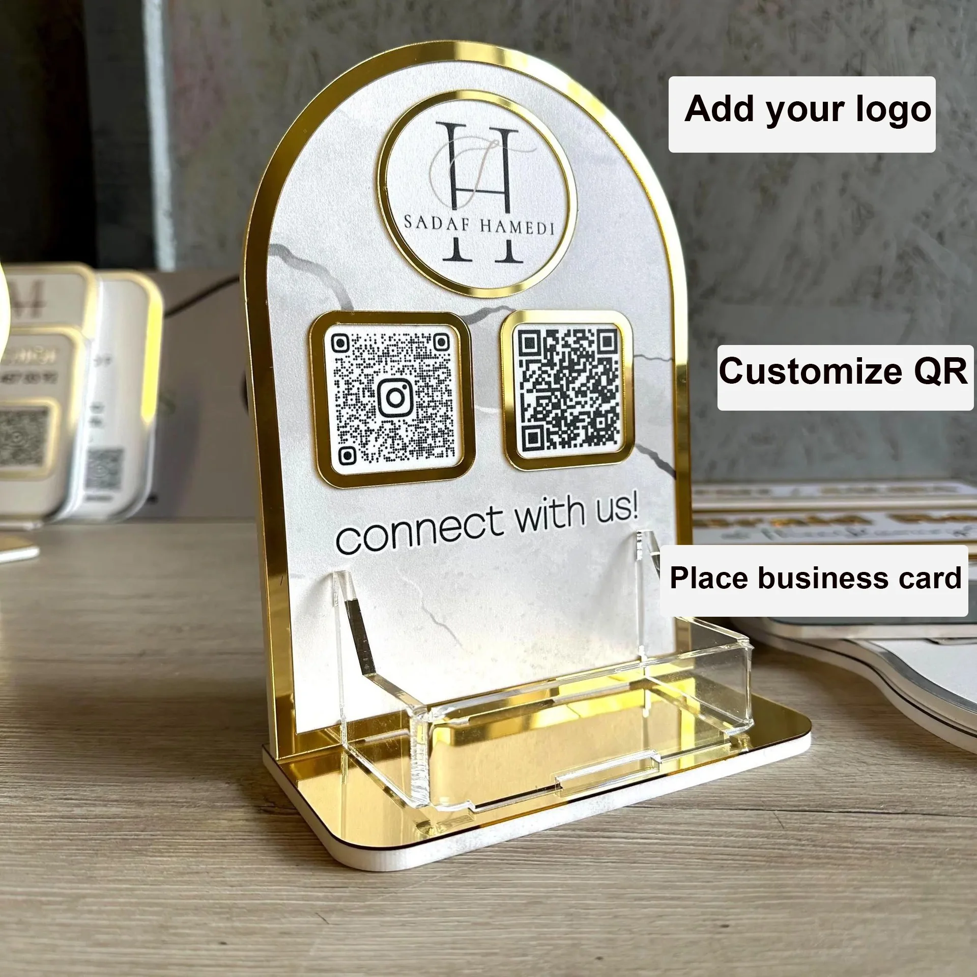 

Acrylic QR Code Business Card Holder Multiple Scan to Pay Stand Desktop Organizer Custom Personalized Logo Clear Modern Display