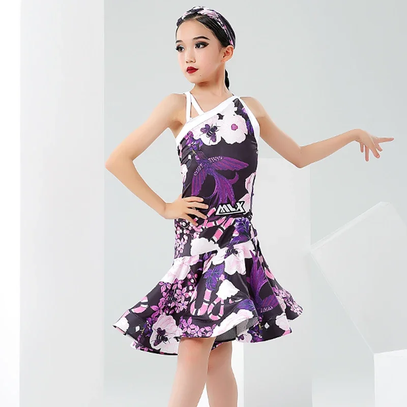 Latin Dance Performance Dress Sleeveless Printing Rumba Samba Dance Clothes Children Practice Wear ChaCha Dancing Dresses YS3635