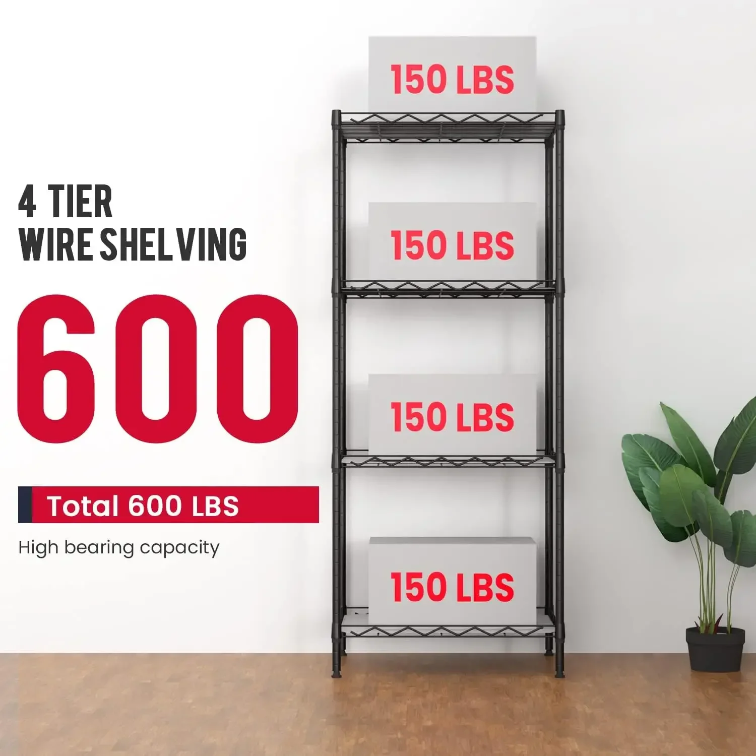 4-Shelf Adjustable Storage Shelving Unit Metal Rack Wire Shelf 600Lbs Capacity with 4 PP Sheets 18L x 12W x 44H