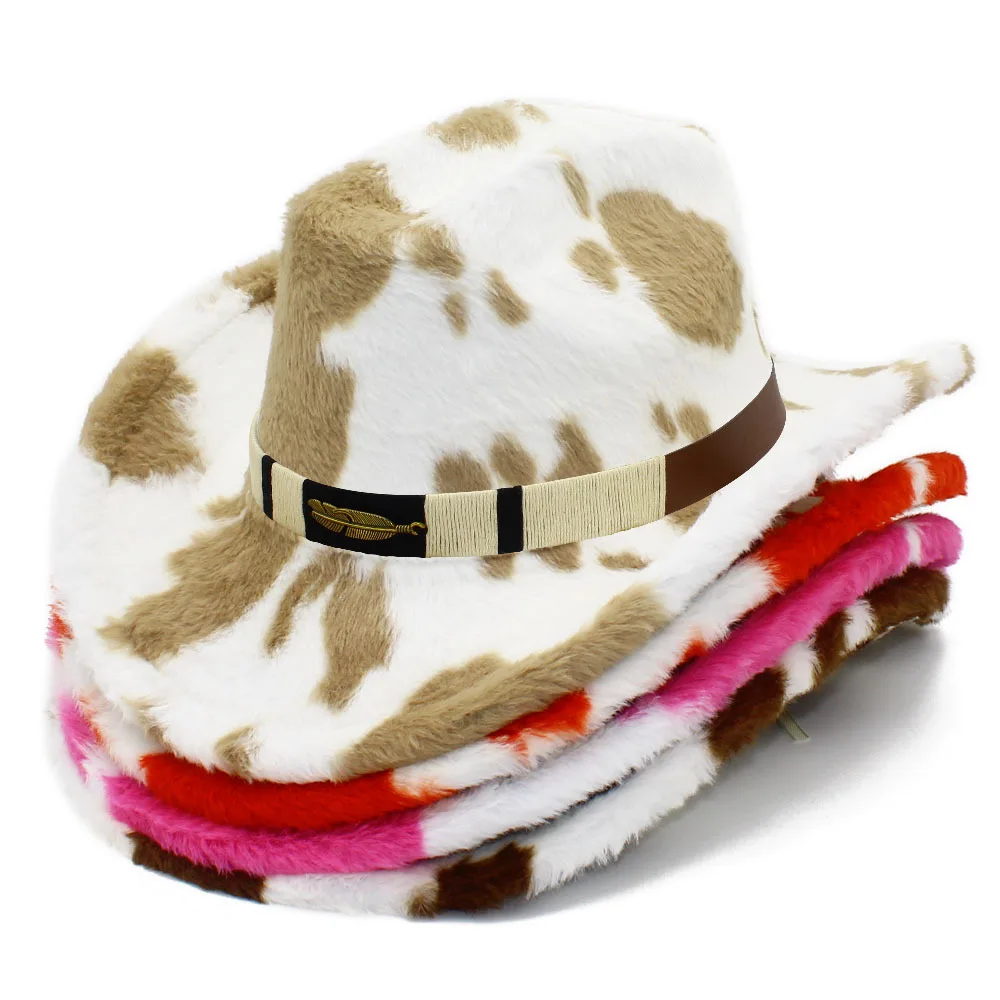 Cow Spot Furry Cowgirl Hat for Women Men Trendy Western Hat with Leaf Belt Plush Warm Jazz Cap for Daily Party Club