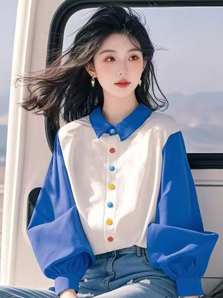 Lanterna Blo di colore blu unica Sve irt Faion Design da donna Primavera Pendolarismo Sle Vestibilità ampia Lunga Sve Ne