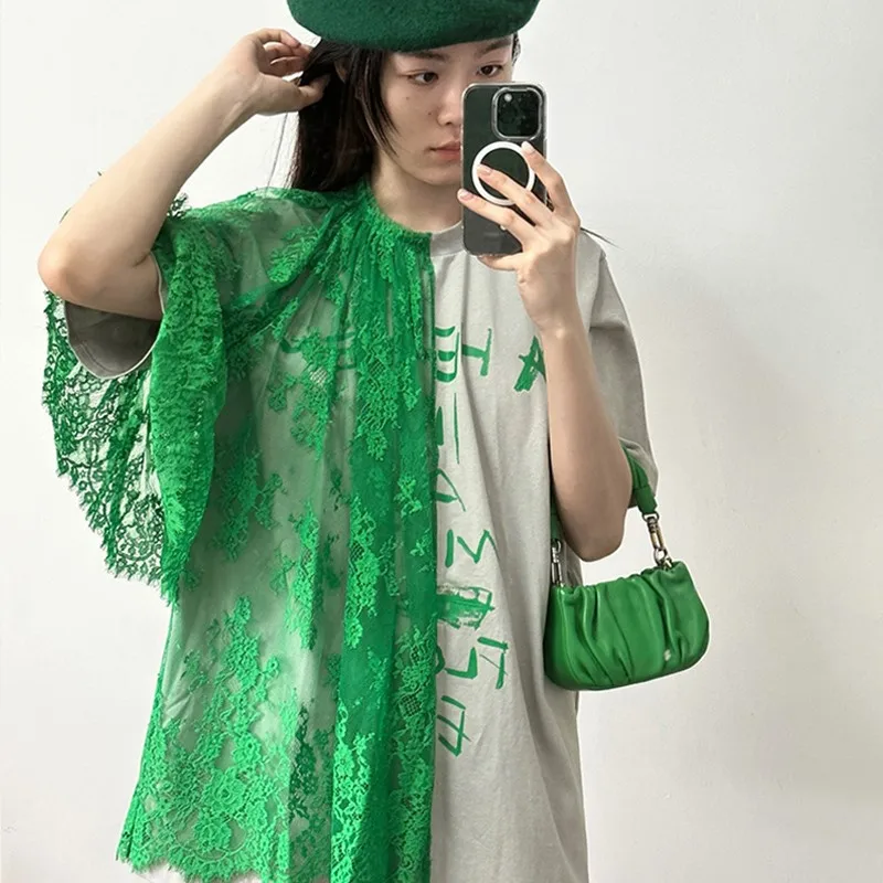 

New Unique Design Green Lace Stitching Coat Loose All-Match Short-Sleeved T-shirt