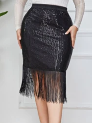 Glitter Sequins Plus Size Skirts for Women Black High Waist Package Hip Tassel Skirt Evening Birthay Party Clothing 3XL 4XL