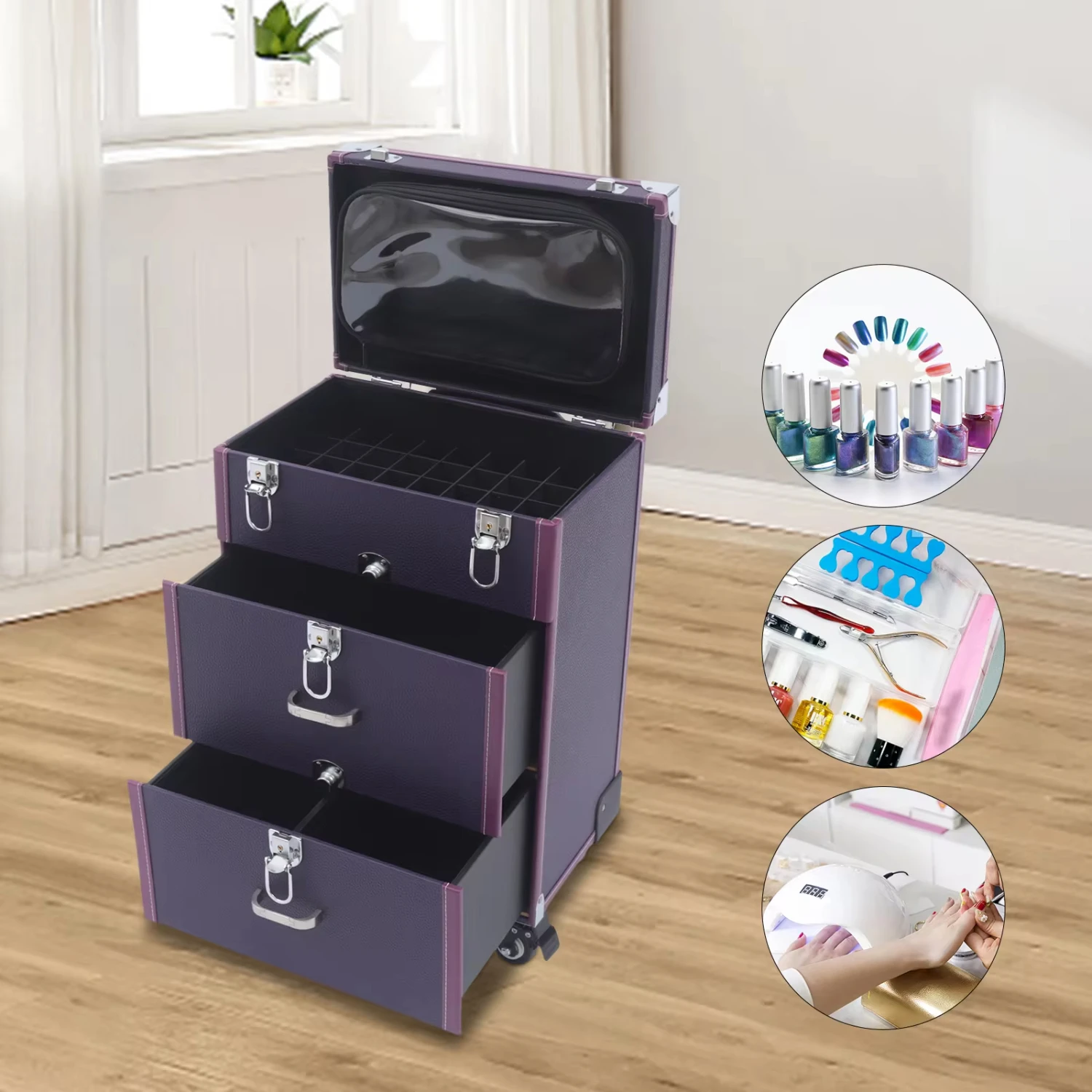 

New 3-Tier Rolling Makeup Train Case Large Cosmetic Trolley Salon Nail Polish Box Jewelry Organizer