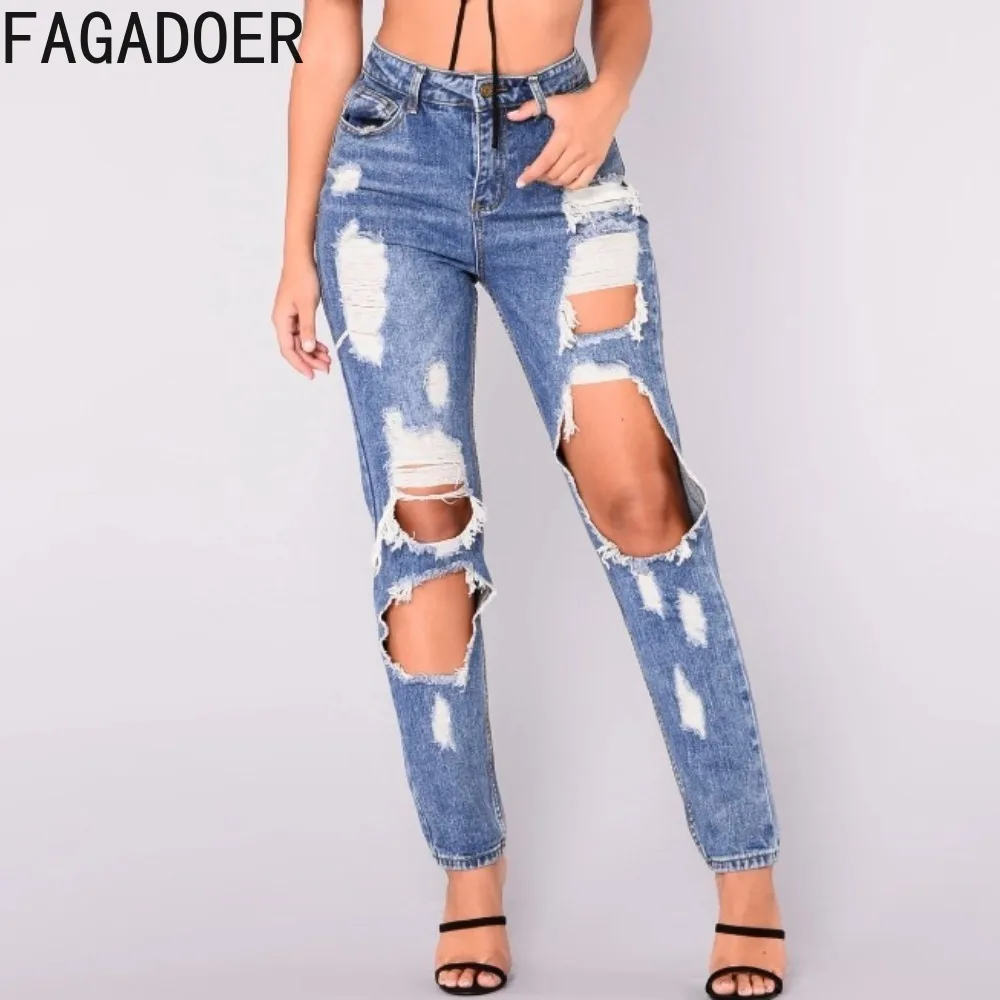 

FAGADOER Blue Fashion Hole Slim Jeans Pants Women High Waisted Button Pocket Denim Pencil Trousers Female Cowboy Bottoms 2024