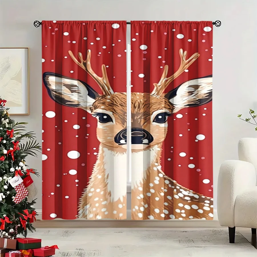 2PCS Christmas Winter Curtains, Red Reindeer Face Closeup Snowflake Winter, Digital Print, Bedroom Living Room, Home Decor