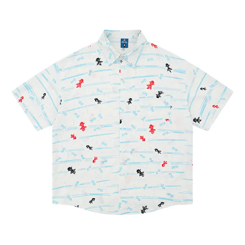 BEIANJI men clothing Japanese retro fun small fish full print short-sleeved shirt men's trendy brand loose casual flower shirt