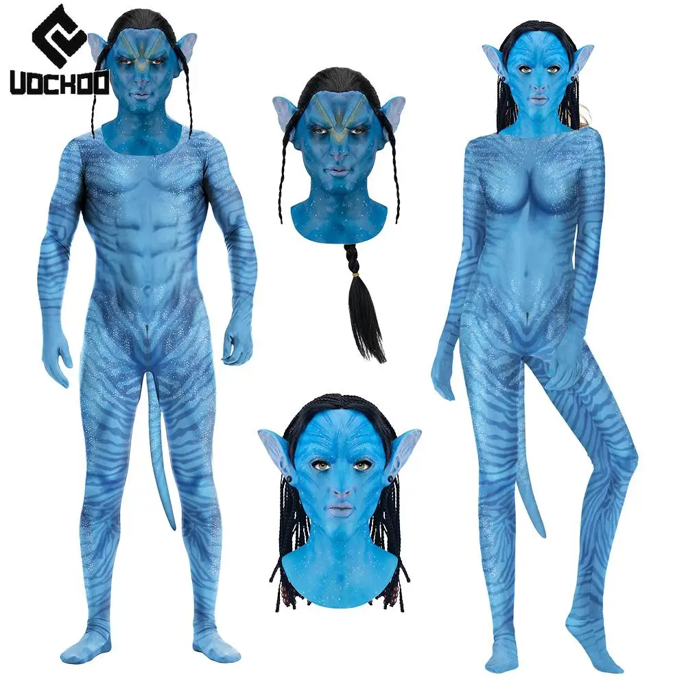 

Avatar Cosplay Headgear Halloween Costume with Tail Movie Alien Zentai Girl Bodysuit Science Fiction Jumpsuit Festival Outfit