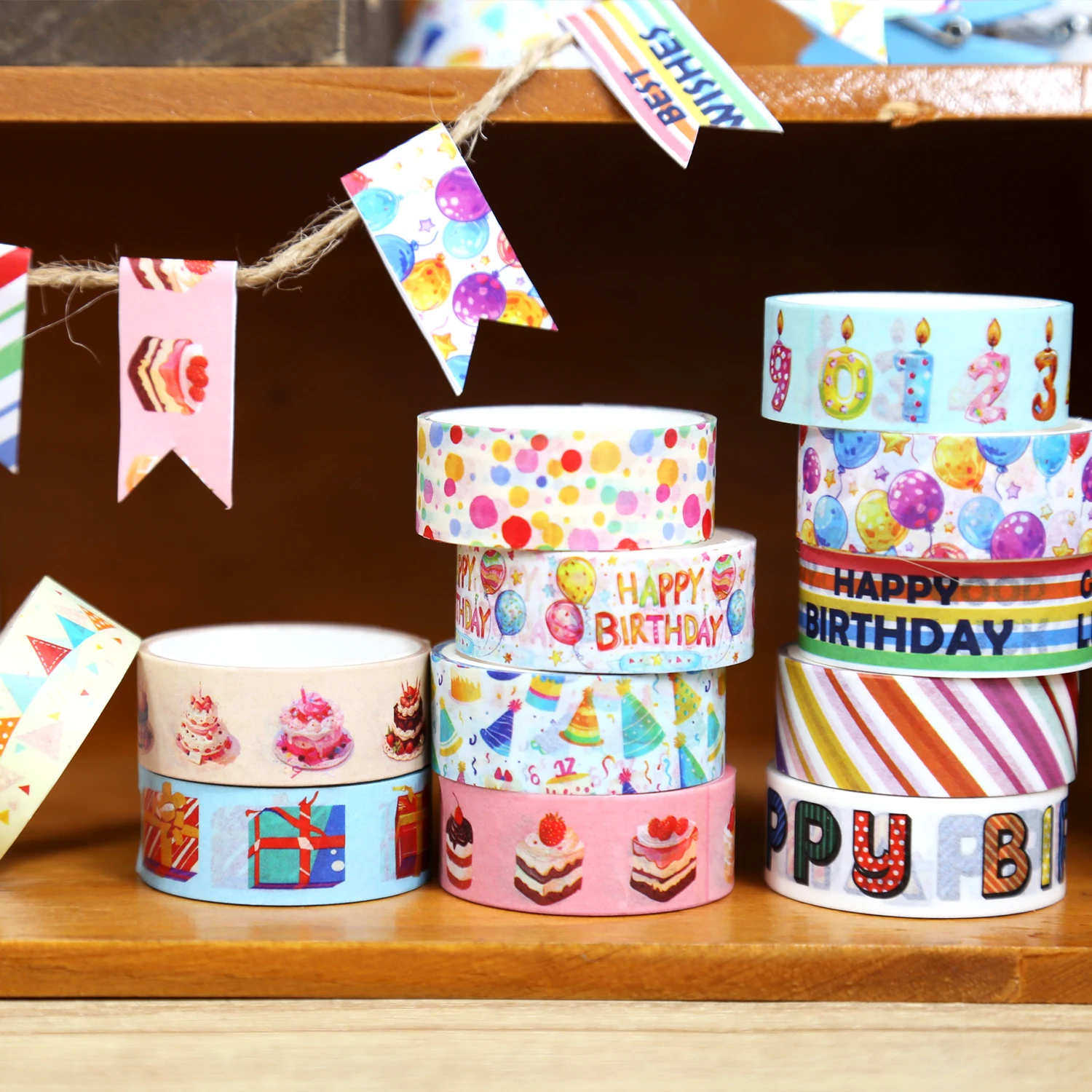 Happy Birthday Washi Tape Set,12 Rolls Colorful Happy Birthday Decorative Tape Cake Candles Balloons Masking Tape for Journaling