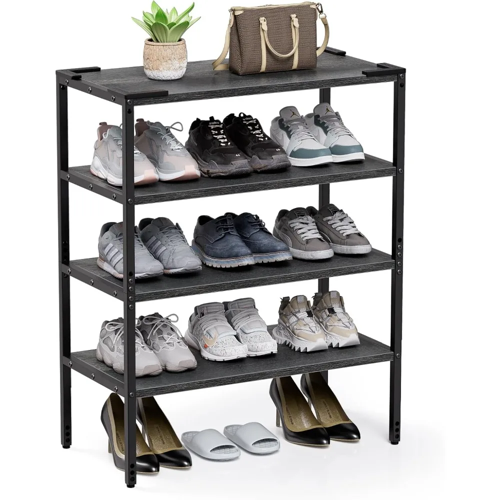 

4-Tier Shoe Storage Organizer with Metal Frame for Entryway, Wooden Shoe Rack for Closet Holds 15-20 Pairs,Industrial Shoe Stand