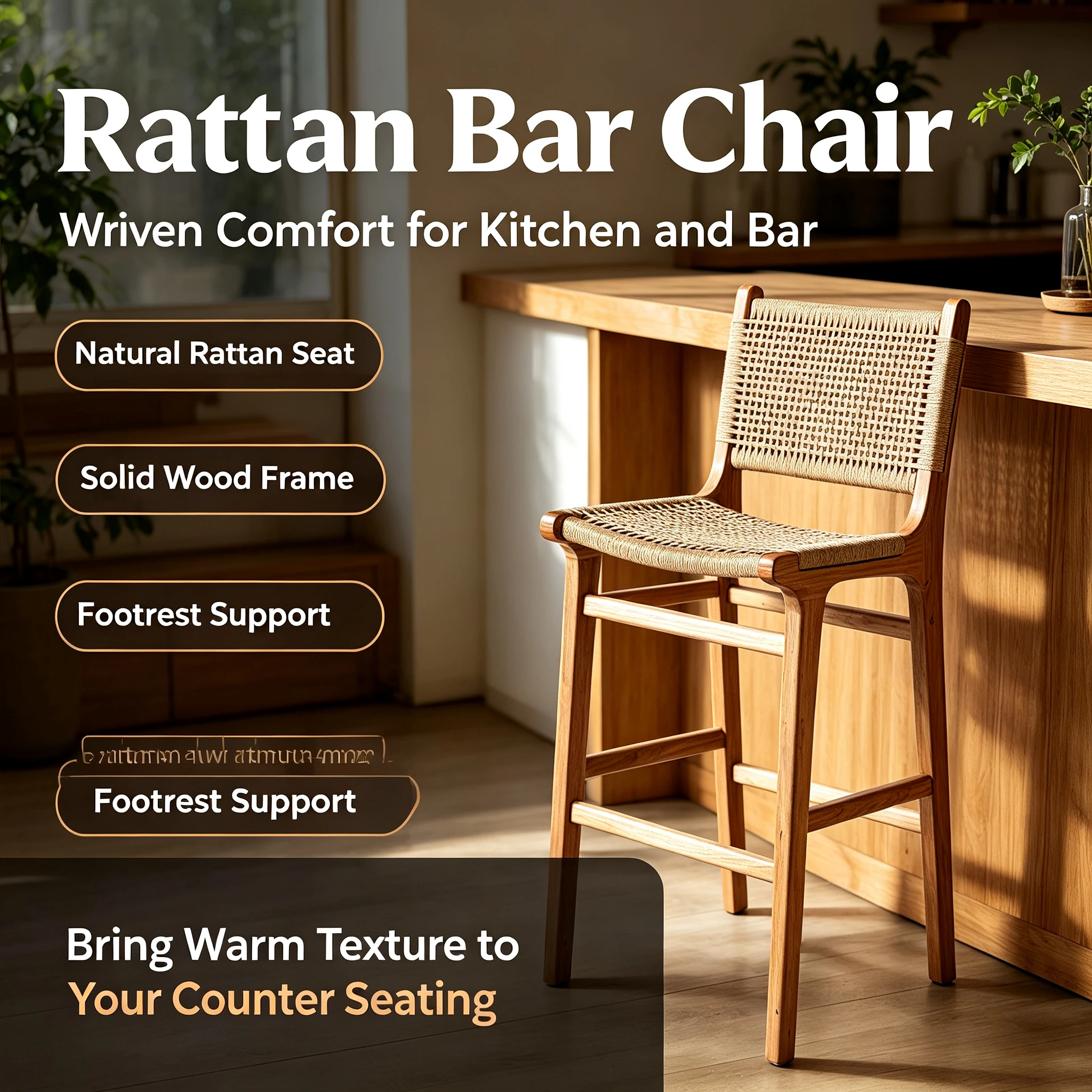 Apanese Style Solid Wood Bar Stool, Retro Rattan Woven Backrest Chair, Nordic Simple Counter Height Chair for Bar, Cafe & Home
