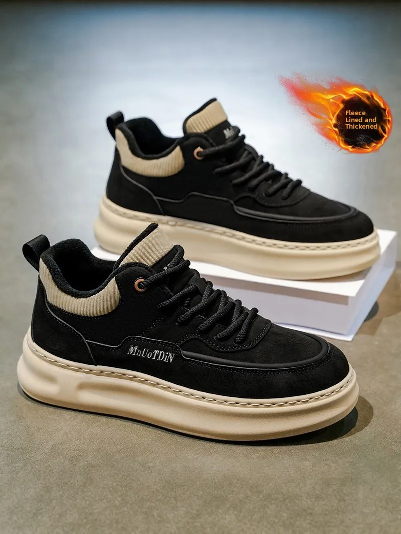 Men's Winter Waterproof Anti-slip Thick Bottom Fleece Lined Warm Cotton Shoes Casual Retro Leather Surface Work Safety Shoes