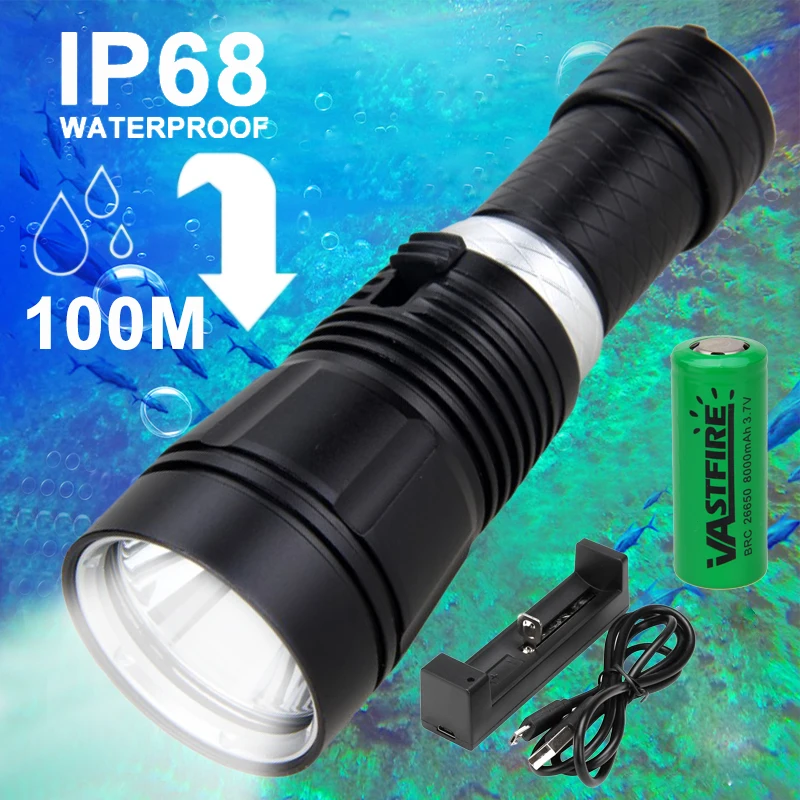 Potente torcia subacquea a LED torcia subacquea professionale Super luminosa IP68 lampada di valutazione impermeabile con batteria 18650