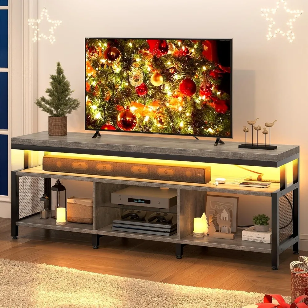 

LED Television Stands w/Power Outlets for 70/65 inch,Industrial TV Stand,w/Open Storage TV Table,Center for Living Room, Gray