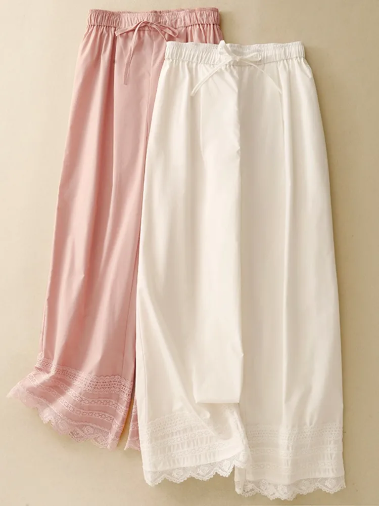 Casual Patchwork High Waist Women's Summer Slimming Short Wide Leg Straight Cut Elastic Waist Floral Lace Trim Nine-Tenths Pants