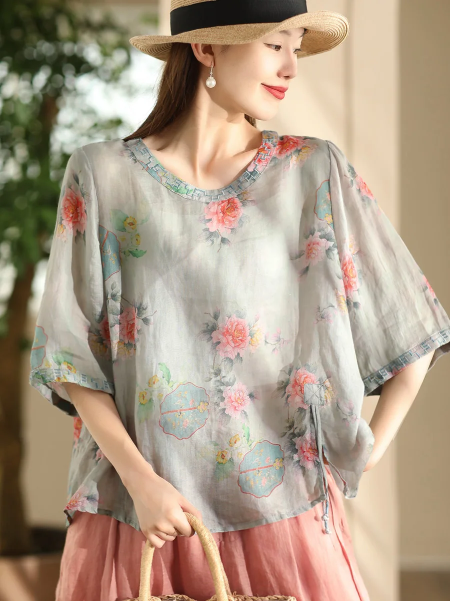 

Женская рубашка свободного кроя из льна с ретро-принтом, круглым вырезом, вышивкой и декоративными пуговицами, стандартная длина