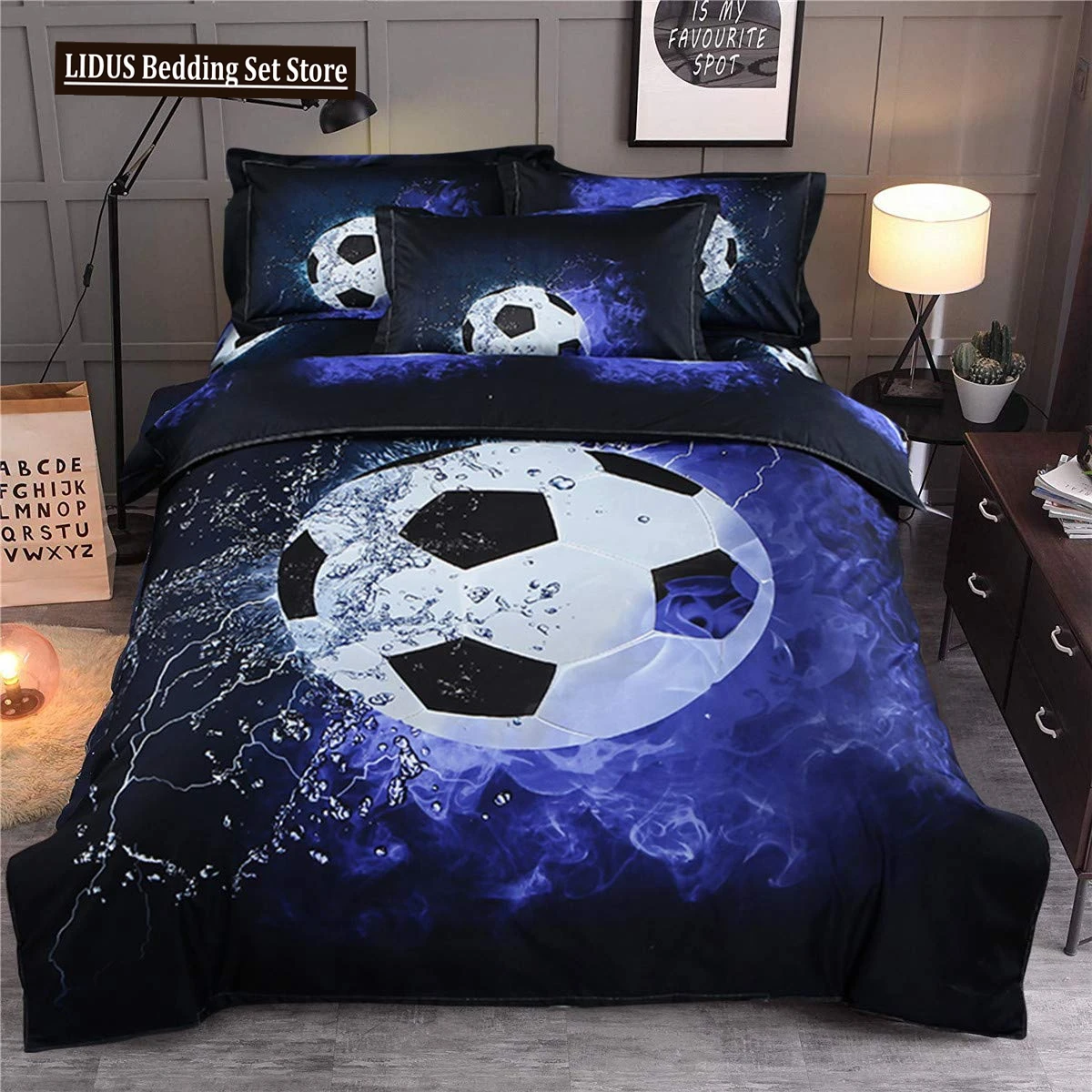 

Blue Flame Soccer Duvet Cover Set For Teens Boy 3D Print Football Quilt Cover Set Full Size Fire And Ice Bedding Set Queen Size