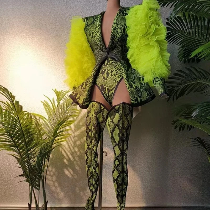 Green Snake Print Long Sleeve Bodysuit Outfit Set Prom Show Club Costume Birthday Celebrate Dance Singer show wear