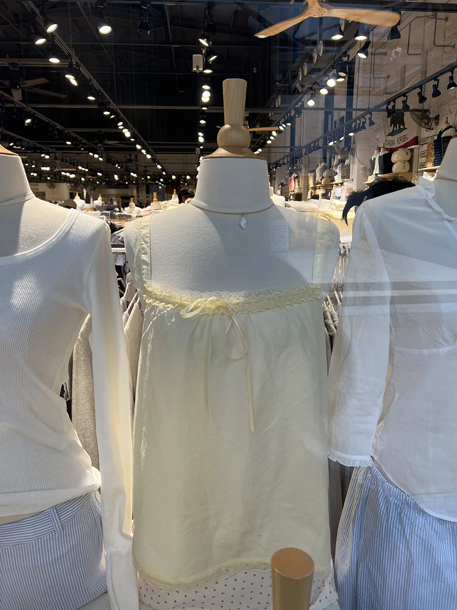 

Lace Trim Butter Yellow Tank Top Summer Cotton Thin Drawstring Embroidery Hem Women's Camisole Sweet Casual Simple Vest Y2k New