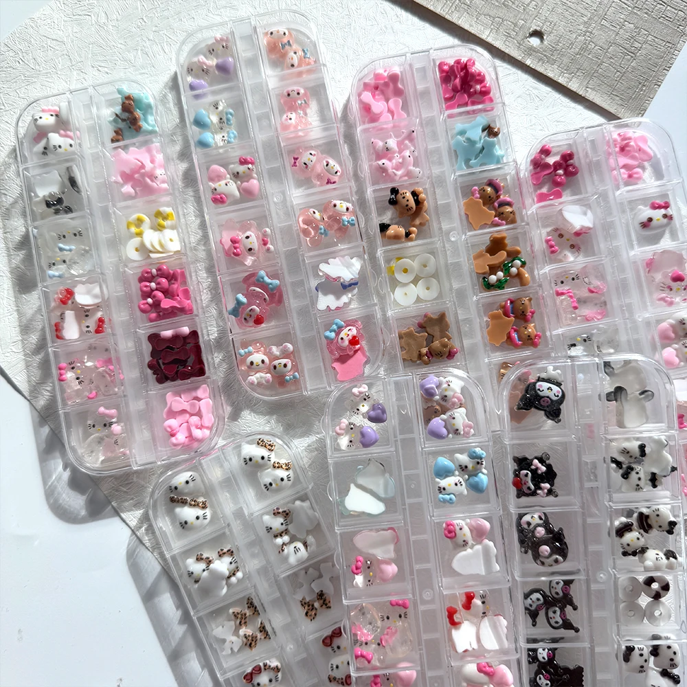 

12-Grids Cute Cartoon Pink Hello Kitty Nail Charms 3D Autumn Leopard Print Kitty Cat Black Kuromi Nail Art Rhinestone DIY Decora