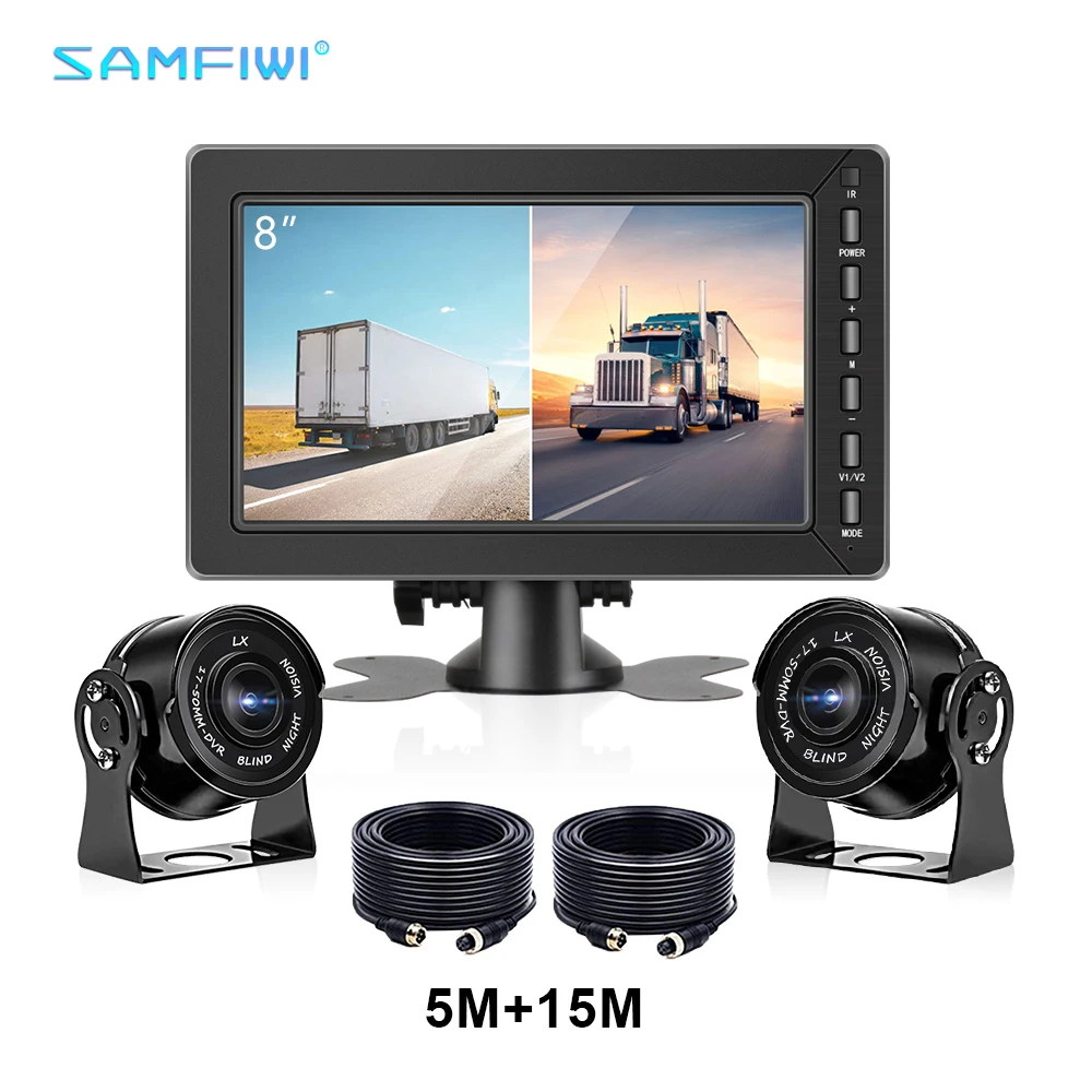 

8 Inch HD 2 Channel Car Rearview Backup Monitor with Night Vision Reversing Assist Camera for Trucks Buses 4Pin Connection Cable