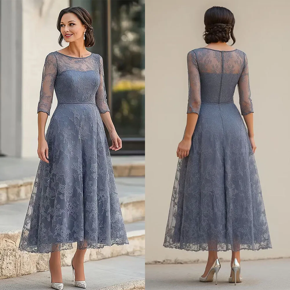 

Высококачественное индивидуальное кружевное женское платье длиной до щиколотки с круглым вырезом на молнии три четверти Robe De Luxe 2025 Soirée Mariage Пром платья فساتين