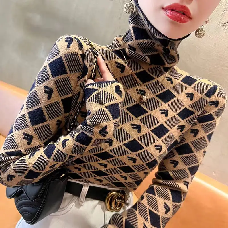 Women Clothing Fashion Turtleneck Argyle Knit Pullovers Autumn Winter Elegant Chic Slim Long Sleeve Long Sleeve All-match Tops
