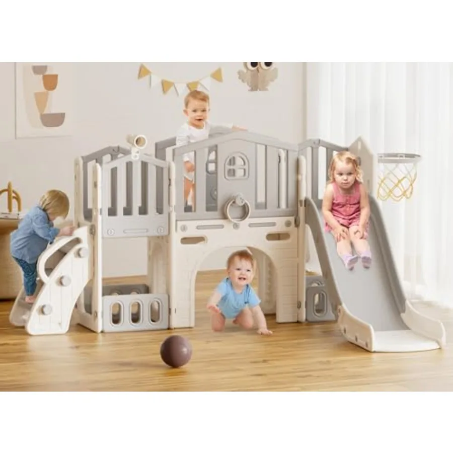 

9 in 1 Toddler Slide Set for Ages 1+ Outdoor Indoor Playground with Basketball Hoop and Ball Climber Slide Playset in Gley