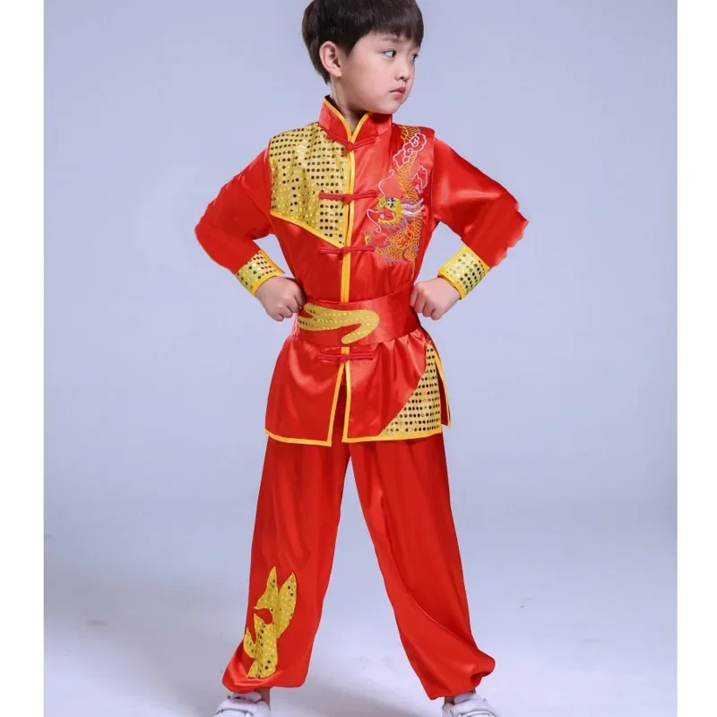 Stroje Wushu Tai Chi Kung Fu na występy sceniczne dla dzieci, chłopców i dziewcząt, chińskie tradycyjne, z cekinami i haftem smoka.