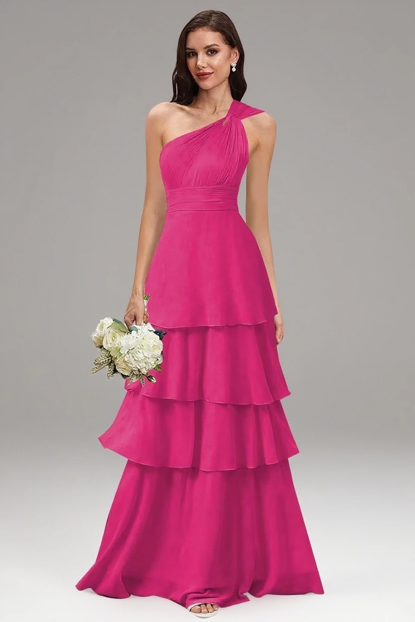 

One Shoulder Bridesmaid Dresses Tiered A Line Pleated Long Formal Party Gown