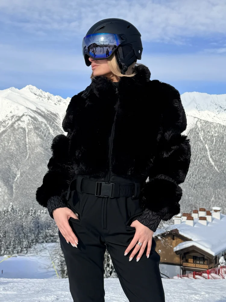 Cropped Faux Fur Ski Jacket Stand Collar Zipper Front Thick Warm Fluffy Short Coat 2026 Winter Skiing Mountain Sport Outfit