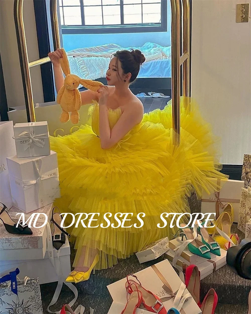 MD A-line Fairy Yellow Wedding Dresses Tulle Strapless Ruffles  Bride Gowns Korea Tiered Pleat Photo shoot Customized 2025 웨딩드레스