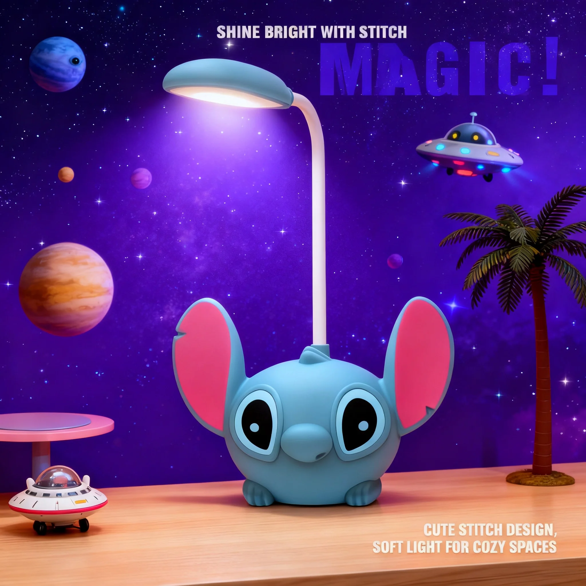 Luz LED nocturna de dibujos animados de Disney Stitch, lámpara de escritorio plegable con protección para los ojos, carga USB, regalo de cumpleaños y Navidad para niños